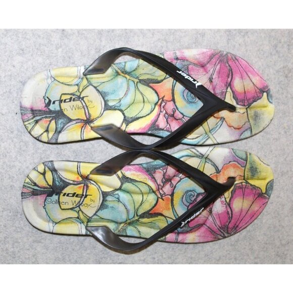 Rider Smoothie Sandals Floral Collen Wilcox Women's Black Flip Flops Size 10 US - Picture 6 of 8